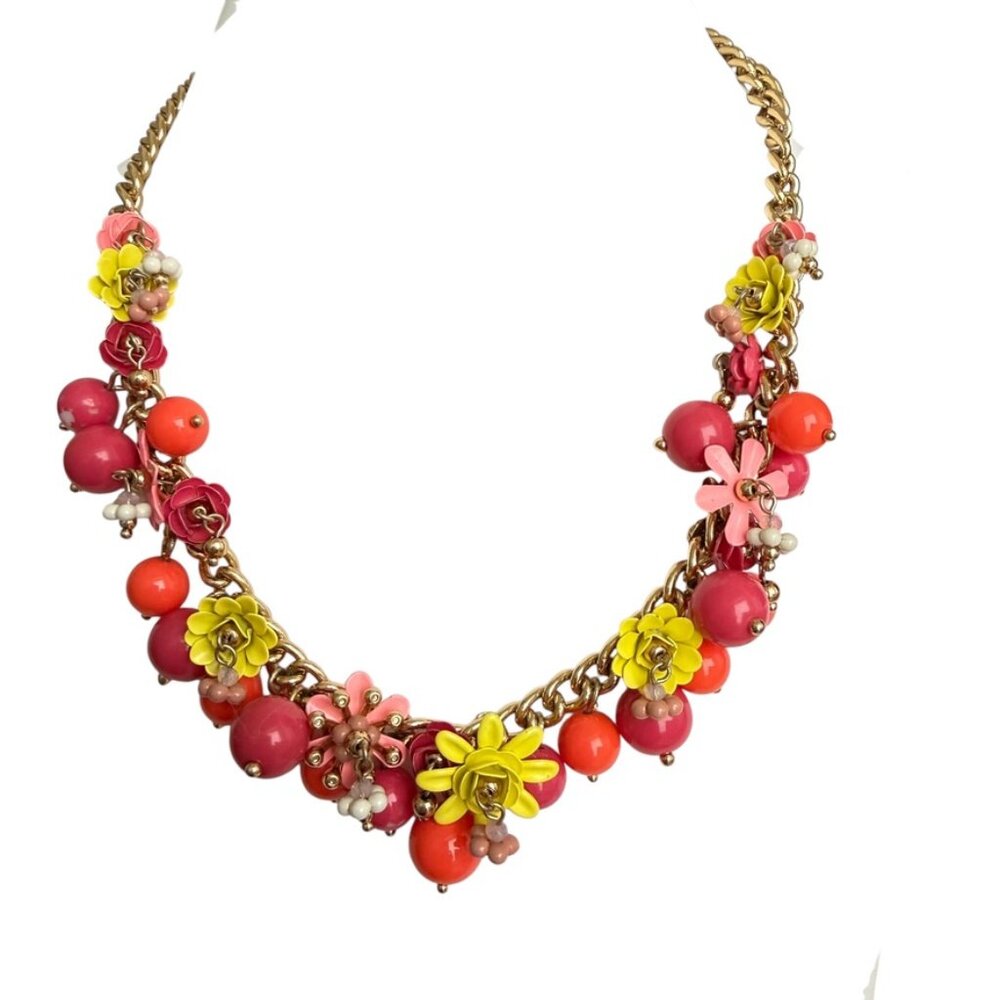 TALBOTS Floral Bib necklace Pink orange yellow dangling flowers statement